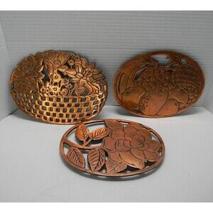 Vintage Old Dutch Design Set of 3 Trivet Wall Decor Copper over Cast Iron 1983